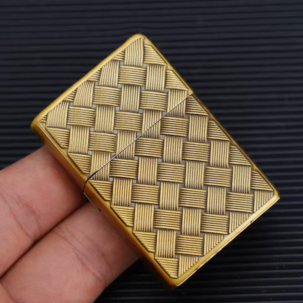 Vintage Bronze Metal Gas Lighter, Flint Wheel Cigarette Lighter Basket Weave De
